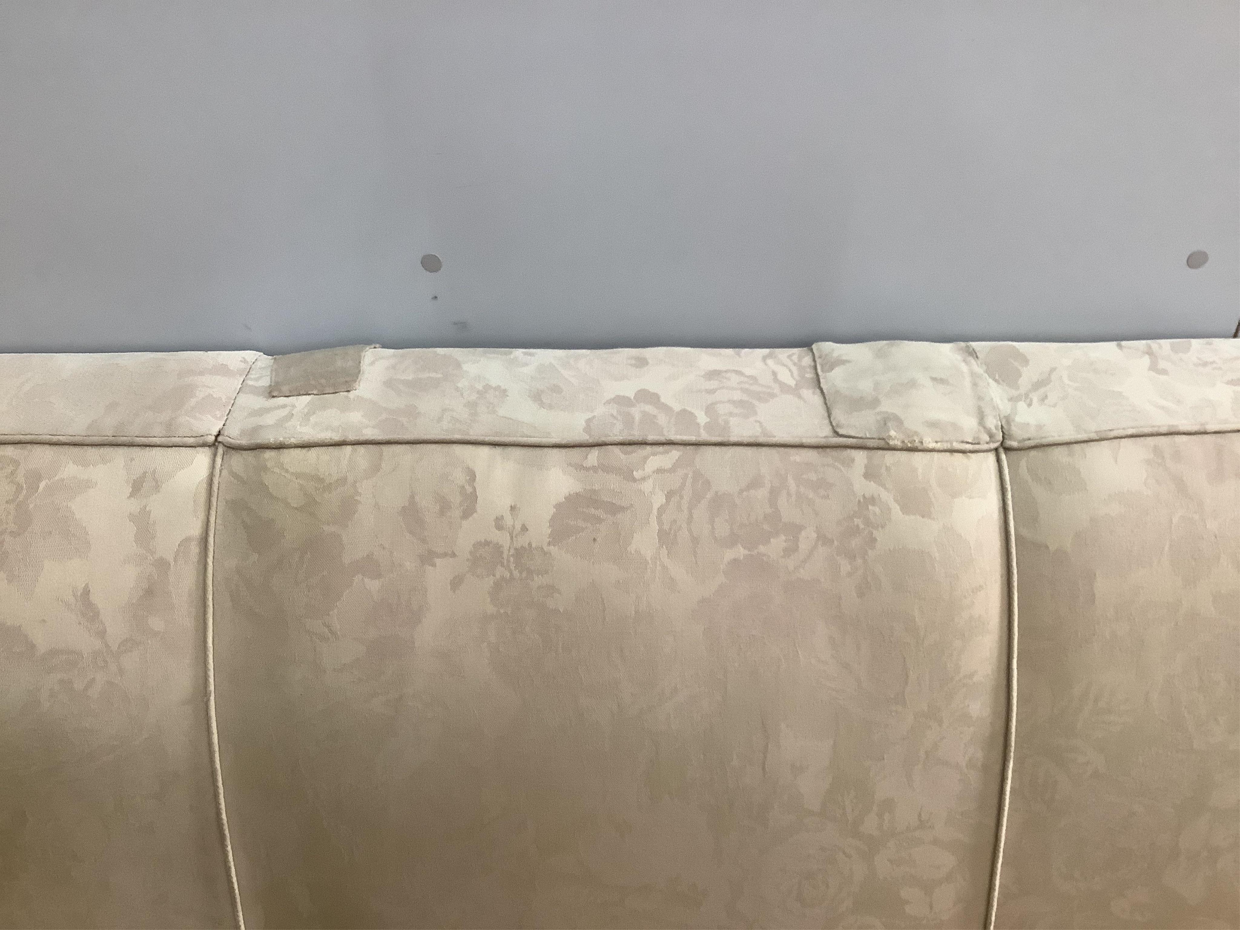 An Art Deco upholstered carved beech three piece suite, settee width 180cm, depth 80cm, height 82cm. Condition - fair, upholstery poor